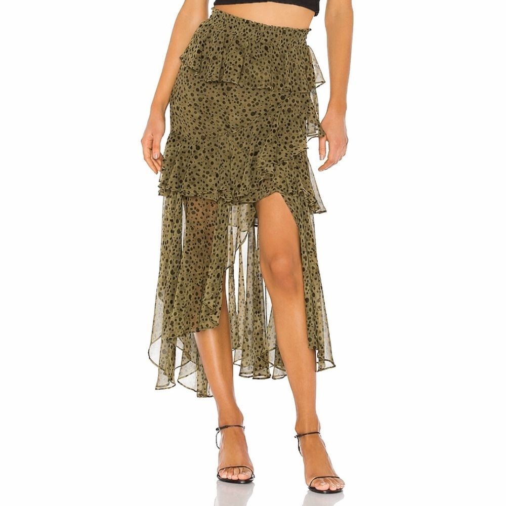 Misa Los Angeles Revolve Olive Green Tiered Sheer High-Low Skirt Polka Dot Sz S